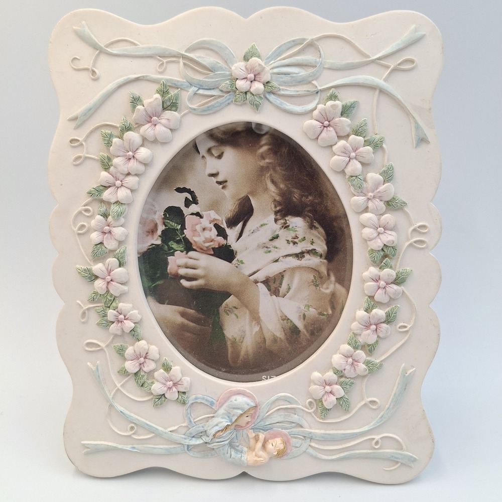 Vintage Style Resin Floral Picture Frame Madonna Child Relief Victorian Girl 5x7